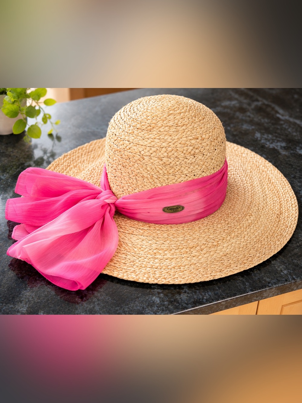 Cappelli Woven Beige Straw Hat 4.5” Wide Brim Pink Tie dye Ribbon Summer Beach